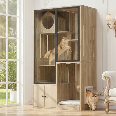 Villa interior para gatos de MDF y vidrio 90 x 50 x 160 cm natural OKWISH (1/5)