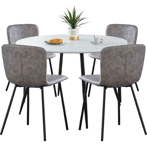 Hallowood Furniture Cullompton Dining Table and Chairs Set 4, Dining Room Sets with White Marble Effect Round Kitchen Table and 4 Chairs in Taupe Faux Leather Upholstery (1/5)