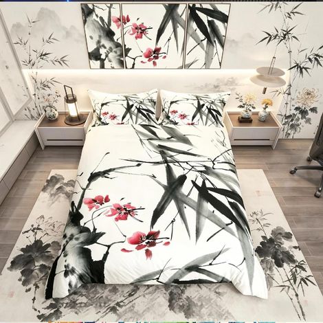 Housse de Couette de Style Chinois Peinture à l'encre pour Enfants, et Adultes,Housse de Couette de Style Vintage,Housse de Couette légère,Gris et Blanc (1/5)