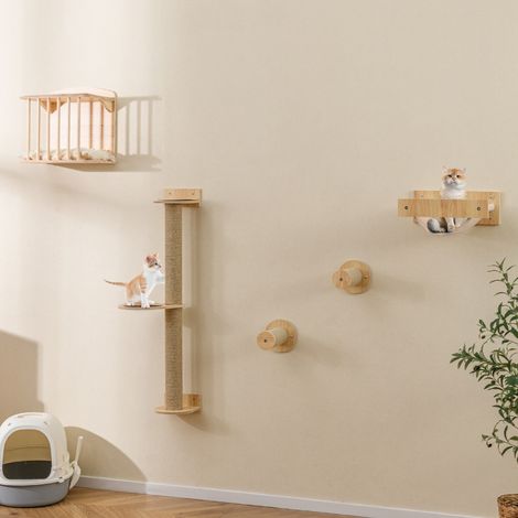 Accessoires Muraux 4 en 1 pour Chat Etagères Murales pour Chat avec Arbre à Chat à 3 Niveaux Hamac Griffoir et Tapis Naturel (1/3)