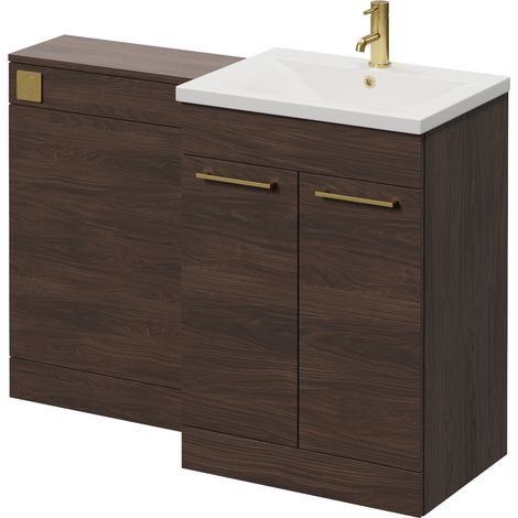 Napoli 460 Cento Brown Oak 1200mm 2 Door Vanity Unit Toilet Suite with Glide Basin - 1200mm - Brushed Brass 160mm HandleWithout Kingston Toilet Pan