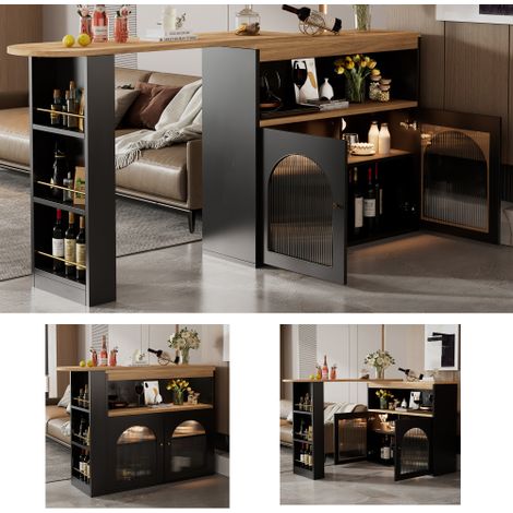 Table de bar extensible moderne 138-193 x 39 x 105 cm, table à manger extensible avec rangement, table bistrot haute pivotante, pour salle à manger, avec bande lumineuse LED de 1 m (couleur de lumière