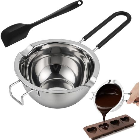 Bol Fusion Acier INOX 304 400ml - Bain-Marie avec Manchon Silicone Anti-Brûlure & Spatule noir pour Chocolat/Fromage/Beurre