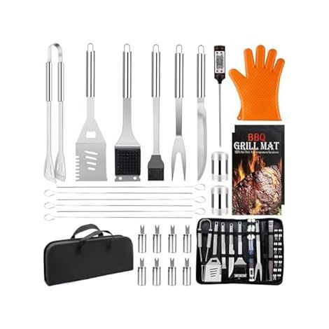 28 Piezas Utensilios Barbacoa, Kit Barbecue Acero Inoxidable Profesional - Regalo Hombre Set Herramientas BBQ con Maletín Portátil - para Jardín, Camping, Exterior