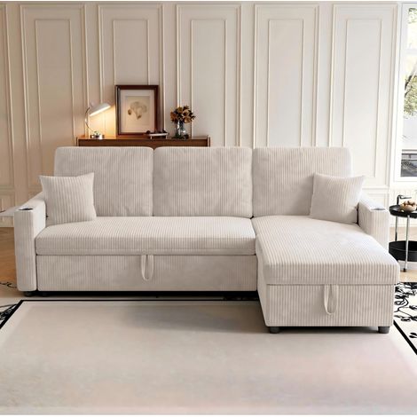 Canapé d’angle convertible en velours côtelé beige avec rangement, ports USB/Type-C et porte-gobelets (1/5)