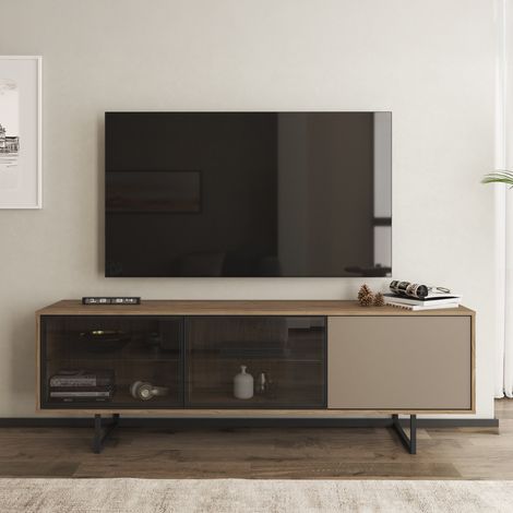 Mobile Porta tv Serrata, 3 Ripiani, 3 Ante, Anta e Ripiani Dettaglio Vetro, 185x40x60h cm Marrone Noce (1/5)