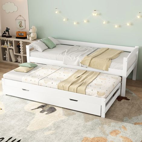 Lit gigogne 200x90 cm avec tiroirs, bois massif blanc OKMYHOME (1/5)