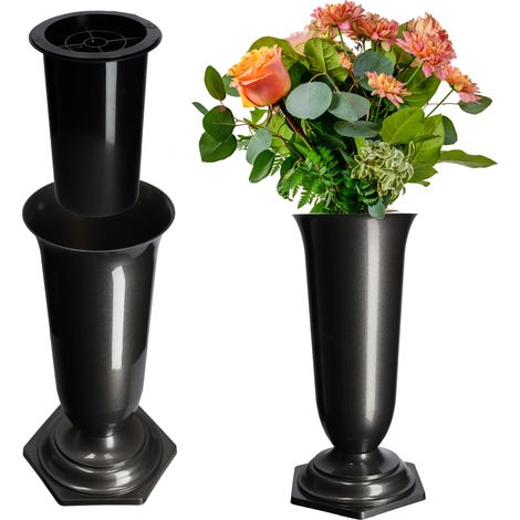 KADAX Grabvase aus Kunststoff, Blumenvase mit einlage, 13 cm, Graphit