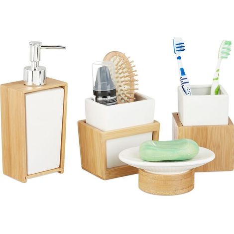 Ensemble d'accessoires de salle de bain 4 pièces Distributeur de savon, porte-savon, 2 gobelets Céramique et bambou Design élégant (1/5)