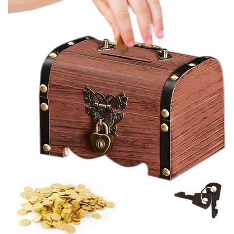 Coffre au Trésor Rétro: Coffre en Bois avec Serrure et 2 Clés, Vintage pour Pièces de Monnaie, 14,5 x 10 x 10 cm