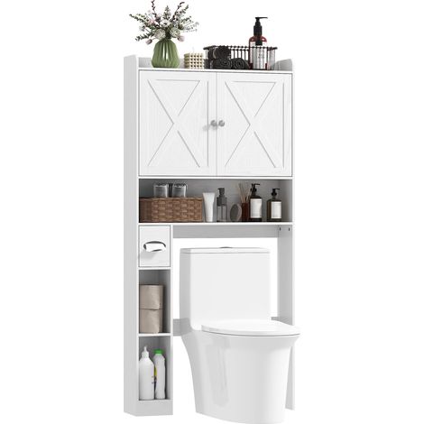 Meuble WC dessus de toilette avec placard à porte de grange, étagère réglable, compartiments et porte-papier, blanc (1/5)