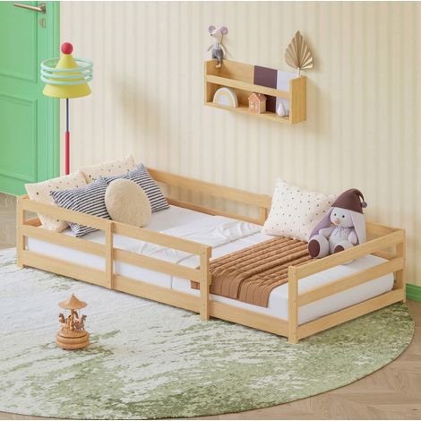 Cama infantil Montessori de madera maciza de pino natural, 90x200 cm, con somier de láminas incluido.