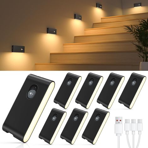 Veilleuse Détecteur de Mouvement, Lot de 8 Lampes LED Rechargeables, Lampe Détecteur de Mouvement Intérieur avec 3 Modes(AUTO/OFF/ON), Lampe Veilleuse pour Escalier, Couloir, Chambre, Armoire (1/5)