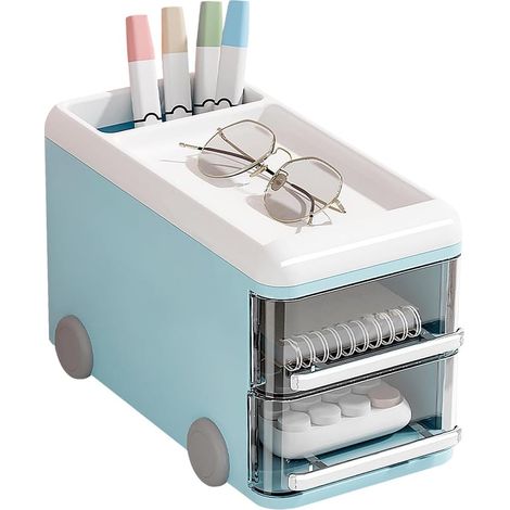 Organiseur de bureau mignon avec tiroirs, rangement de bureau en plastique, organisateur de bureau pour le bureau, l'école et la maison (bleu) (1/5)