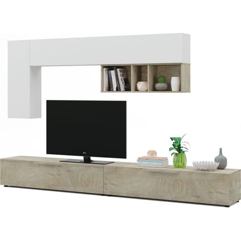 Tendencio – Ensemble meuble TV 260 cm – 2 meubles bas 130 cm avec portes battantes – 3 meubles hauts 90 cm avec ouverture push – Chêne Alaska et blanc