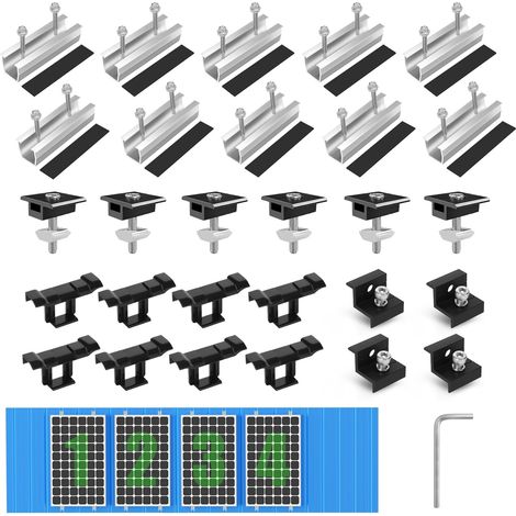 Kit Fixation Panneau Solaire pour 4 Module, Support Montage PV, Rail 12 CM, Clips de Drainage d'eau 30 MM, Pince Réglable pour Modules de 30 à 35 mm d'épaisseur-Pour toit plat,trapézoïdal (1/5)