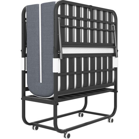 Lit pliant une place 190 × 96 cm avec matelas en mousse à mémoire de forme de 9,5 cm, lit d’appoint portable / lit roulant, cadre métallique robuste