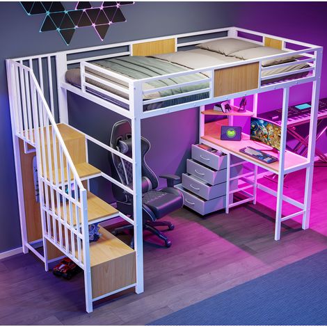 REDOM - Letto a soppalco 90x200 cm con scrivania, vani portaoggetti, appendiabiti, presa e LED in metallo bianco (Senza materasso) (1/5)