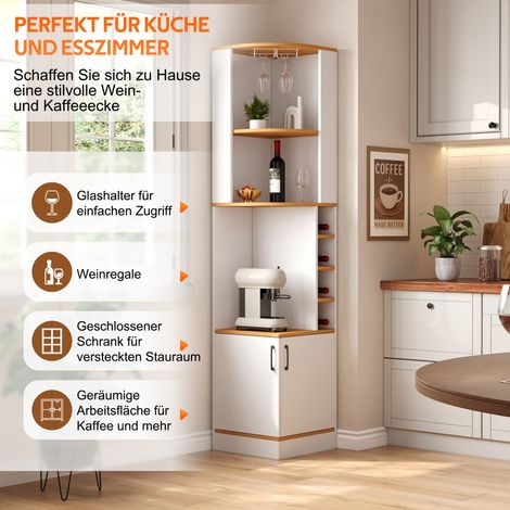Meuble à vin d'angle 40×40×182cm avec casier à verres, système de rangement d'angle haut pour la cuisine, avec casier à bouteilles et portes, autoportant, comptoir bar peu encombrant, convient pour la (1/5)