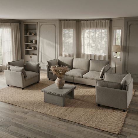 Ensemble de canapé, à composer librement, en tissu chenille, composé d'un canapé 3 places + 2 fauteuils, avec coussins, vert (1/5)