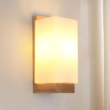 1 Applique Murale Bois, Verre Laiteux, Douille E27, Max 60W, Pour Salon, Chambre, Couloir