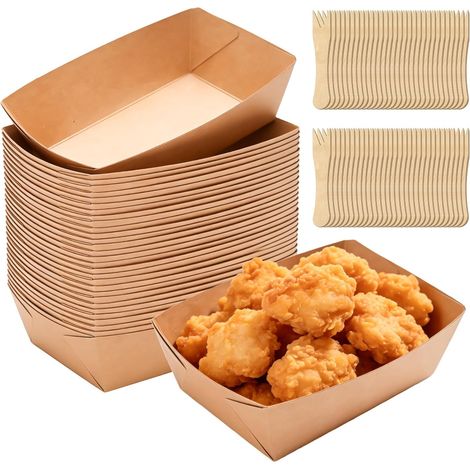 Lot de 100 bols à frites avec 200 fourchettes en bois, bateaux amuse-bouches, bols en carton kraft, bols jetables, bols à frites, bols à saucisse au curry, pour amuse-bouches, collations, salades (167 (1/5)