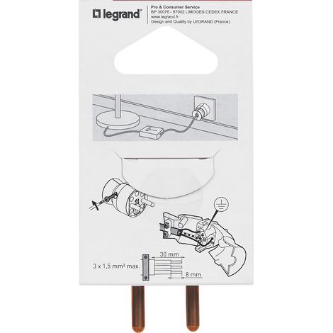 Legrand - Fiche mâle avec terre plastique - Sortie du câble par l'arrière - Blanc (1/3)