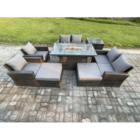 Fimous Outdoor Garden Furniture Sets 8 Pieces Wicker Rattan Furniture Gas Firepit Dining Table Sofa Set with 2 Big Footstool Side Table Dark Grey Mixed (1/5)