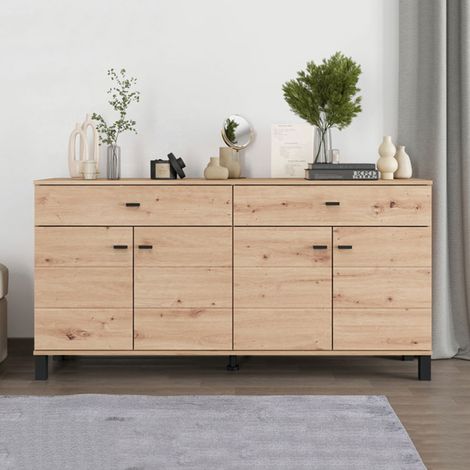 Credenza Barich, Anrichte 2 Schubladen, 3 Regale, Drehtür, Schiebetür, 154x35x78h cm Braun Eiche Knoten (1/5)