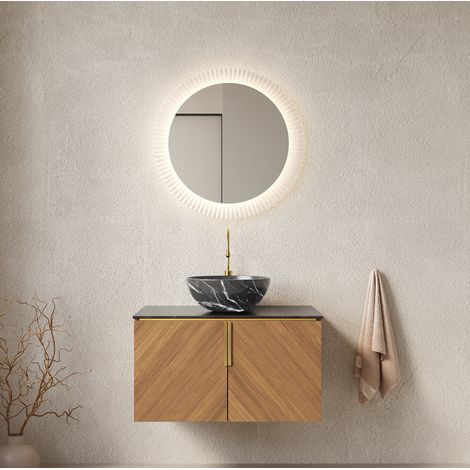 Mueble de baño con lavabo suspendido 76 cm, estilo moderno, roble espresso, encimera negra de piedra sinterizada, 2 puertas (1/5)