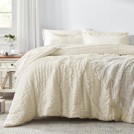Parure de lit 7 pièces, en Seersucker Jaune pâle avec Couette, 2 taies d'oreiller, 1 Drap Plat, 1 Drap-Housse (1/5)