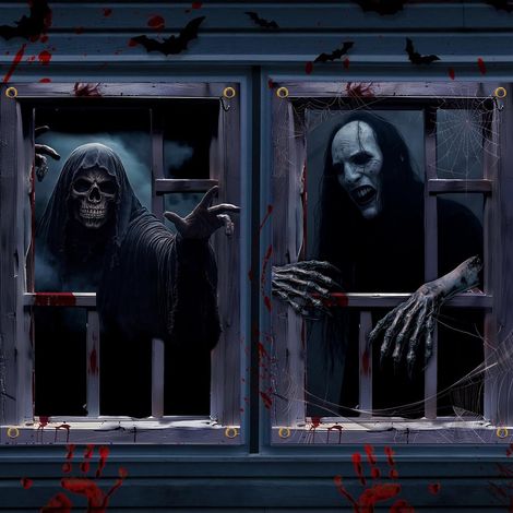 Décorations d'Halloween pour fenêtres : rideaux, guirlandes, fanions pour une fête d'Halloween en extérieur (2 pièces) - 80 x 120 cm - NG-3
