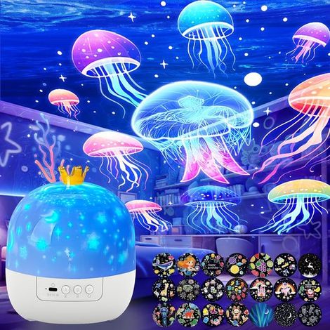21 Film Sets Ocean Night Light Projector, projecteur pour chambre d'enfant, projecteur d'étoiles pour plafond, veilleuse méduse rotative à 360 degrés (1/5)
