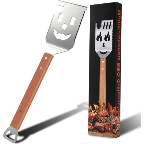 Spatule à barbecue 7 en 1, spatule unique en acier inoxydable avec manche en bois et décapsuleur, 42,5 x 9,5 cm, ustensile de barbecue pour la cuisine, le camping et les pique-niques, idée cadeau (1/5)