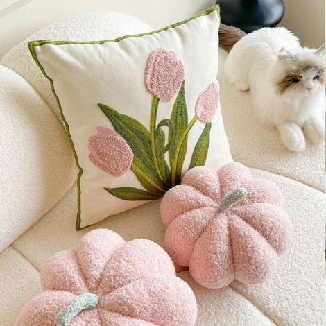 La Tulipe Rose Taie Oreiller Brodées 45x45 - Lot de 2,Housses de Coussin à Motifs Fleuris,Taie d'oreiller Élégante et Moderne (1/4)