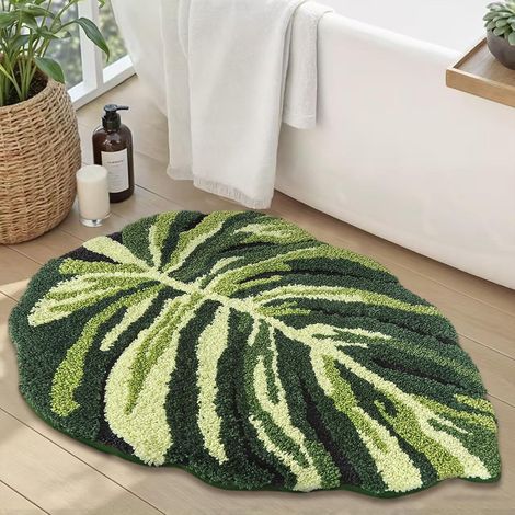 Tapis De Bain Feuille De Monstera, Doux Et Moelleux, Antidérapant Et Absorbant, Lavable, Tapis pour Douche Et WC 50 x 80 cm (1/5)