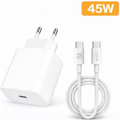 Adaptateur chargeur ultra-rapide USB-C Waeyz 45 W – Câble USB-C tressé vers USB-C de 1 mètre inclus (60 W) – Chargeur ultra-rapide universel (1/5)