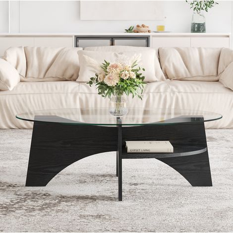 Tavolino da salotto ovale in vetro di sicurezza 104,9 x 60 x 35,6 cm, struttura MDF nera HAVRYA (1/5)