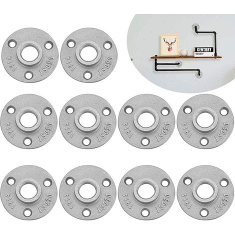 Lot de 10 brides filetées 1/2" - Brides filetées en métal - Avec 3 trous - Pour tuyau, robinet, étagère murale, sol - Meubles tubulaires - Montage mural (1/5)