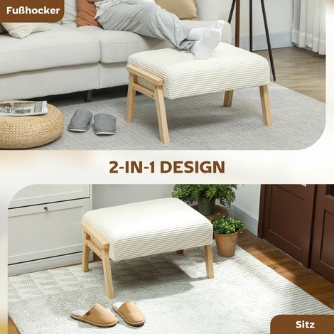 Repose-pieds avec coussin d’assise rembourré, piètement en bois, aspect velours côtelé blanc cassé