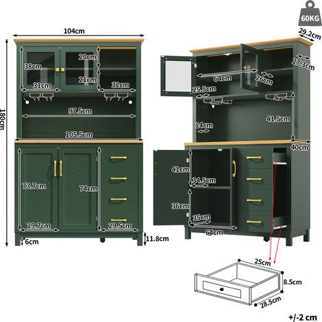Buffet bas / Armoire de rangement / Meuble de cuisine / Vaisselier, 105,5x40x180 cm, style campagnard, 4 portes, avec bandeau LED et porte-bouteilles, vert/noir/blanc (1/5)