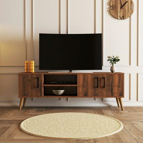 Meuble TV vintage décor bois foncé 3 portes 2 niches UMEA