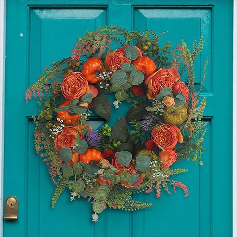 Couronne Automnale Artificielle - Citrouille et Feuilles Mixtes - Décoration Porte Intérieure Extérieure pour Halloween et Thanksgiving - 1 Pièce (1/5)