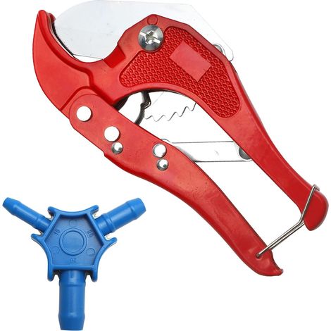 Tagliatubi + calibratore per tubi in PVC e tubi compositi multistrato. Pinza tagliatubi rossa, tagliatubi in PVC, diametro massimo 42 mm + calibratore blu, 16, 20, 26 mm. (1/5)