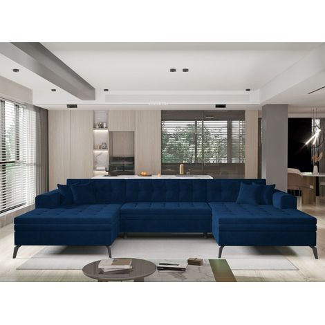 Canapé panoramique convertible en velours ROMY - Pieds métal noir-Bleu pétrole (1/5)