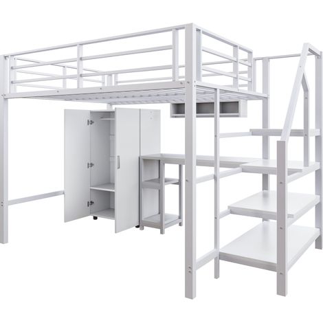 Cama alta 140 x 200 cm con armario, estantes, escalera con almacenaje y escritorio, blanca (1/5)