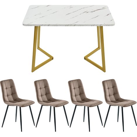 Ensemble de salle à manger (table à manger 117×68 cm avec 4 chaises), table rectangulaire, ensemble de table de cuisine moderne, chaise de salle à manger en velours marron, pieds de table dorés (1/5)
