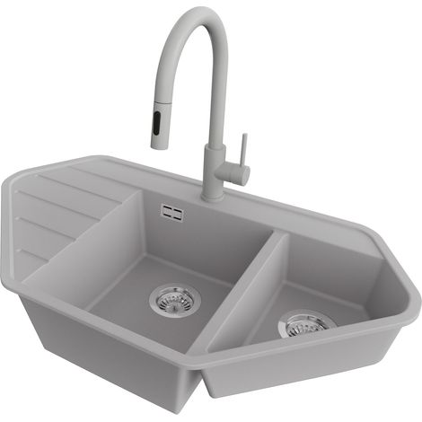 PRIMAGRAN Evier d'angle en Granit 90x50cm,Lavabo Cuisine 1,5 bacs + Robinet 40x20cm + Kit de Vidage, Évier à Encastrer au meuble 70cm - Copenhague Corner, Gris (1/5)
