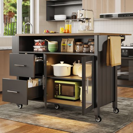 Îlot de cuisine 139x40x94 cm noir en MDF avec plateau rabattable, LED, roulettes et porte en verre (1/5)