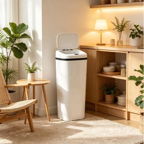 Bidone cucina automatico a sensore, 50 L, acciaio inox e ABS, bianco DESVIAE (1/5)